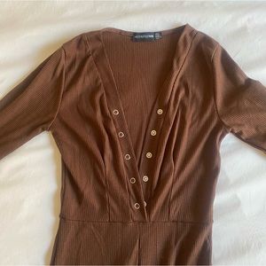 chocolate mocha brown long sleeve prettylittlething ribbed jumpsuit
